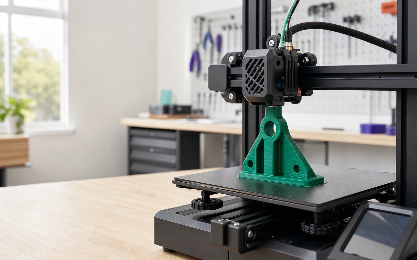 Desktop 3D printer producing a green functional bracket in a bright workshop