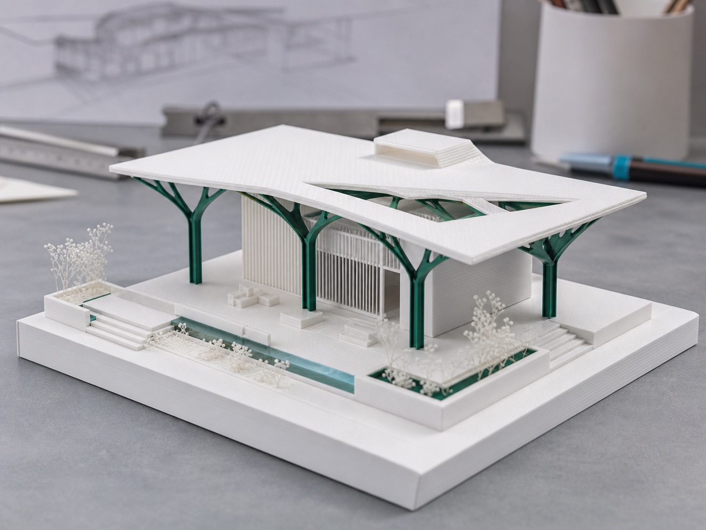 Concept image of a white and green 3D printed architectural pavilion model