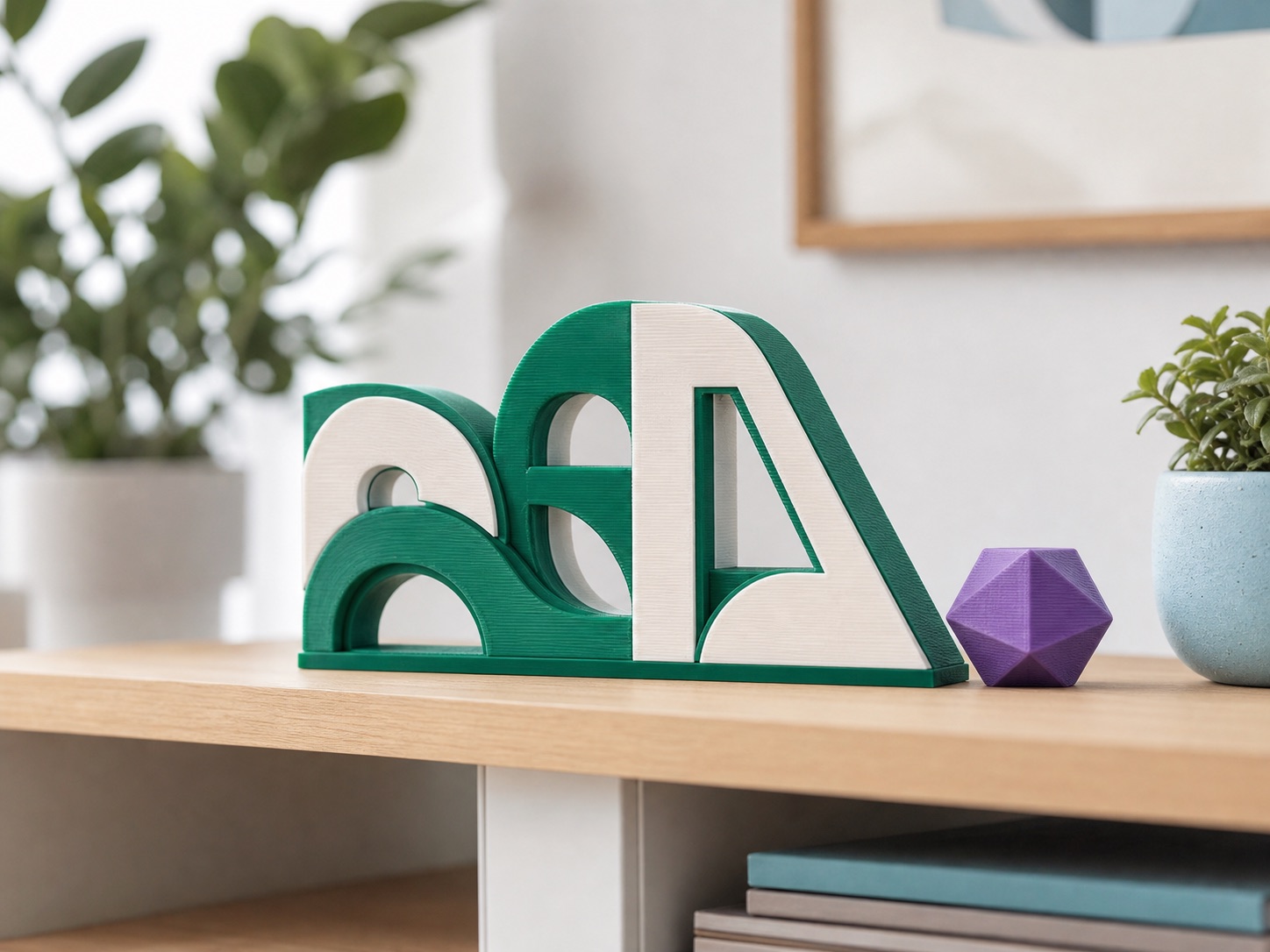 Concept image of an emerald and white personalised 3D printed desk object